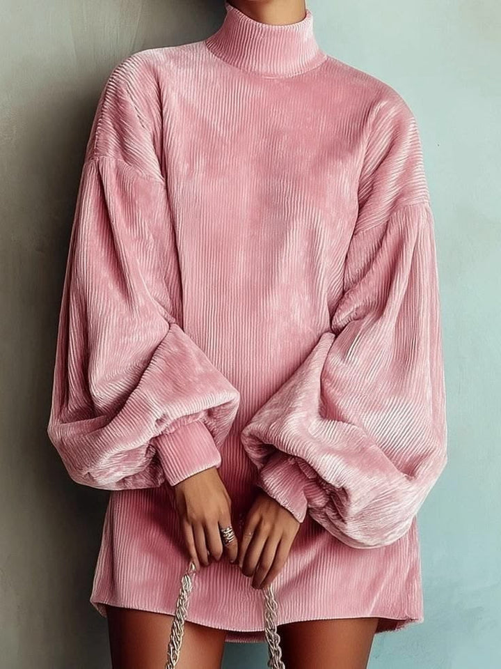 Women's Mini Dress with High Neck and Lantern Sleeves