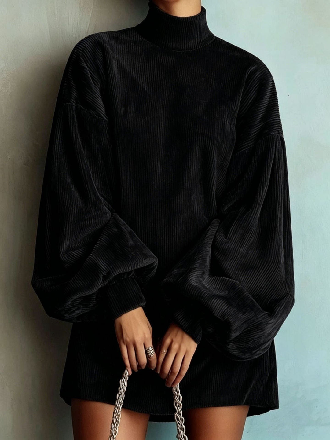 Women's Mini Dress with High Neck and Lantern Sleeves