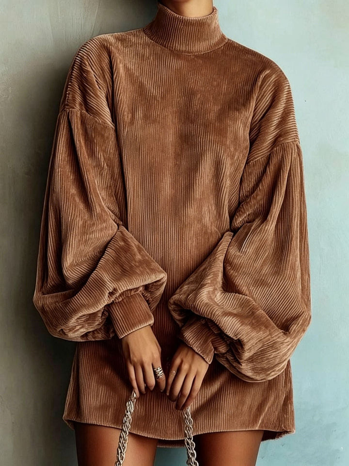 Women's Mini Dress with High Neck and Lantern Sleeves