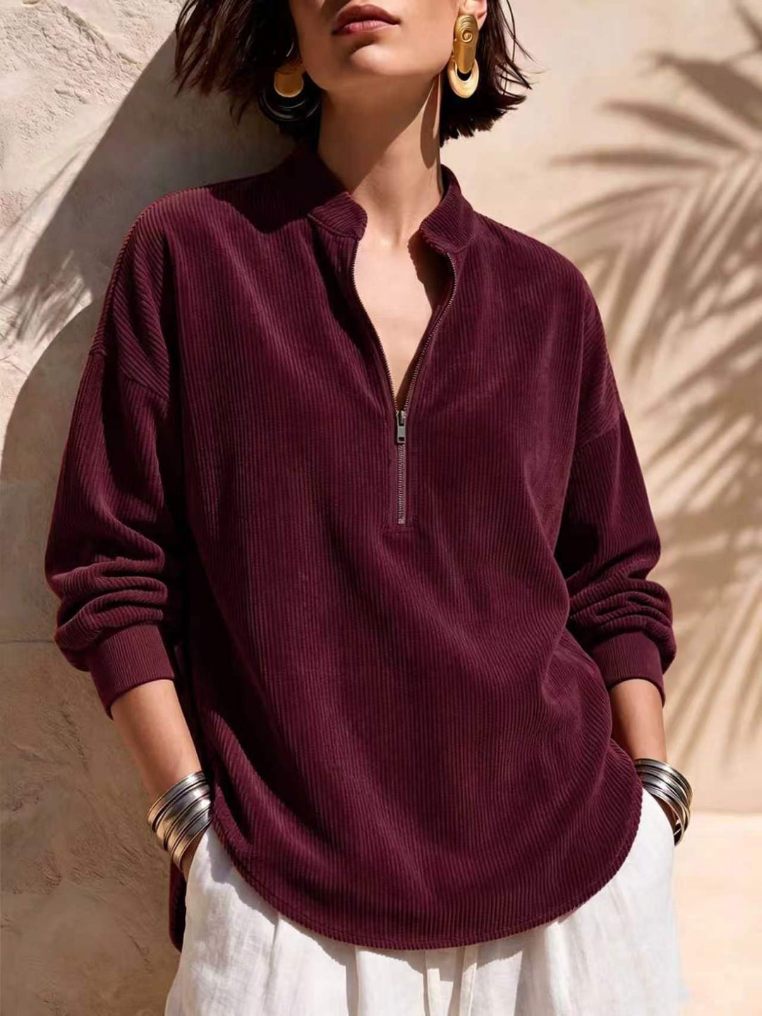 Women's Zip-Up Stand-Collar Long-Sleeve Loose Casual Corduroy Top