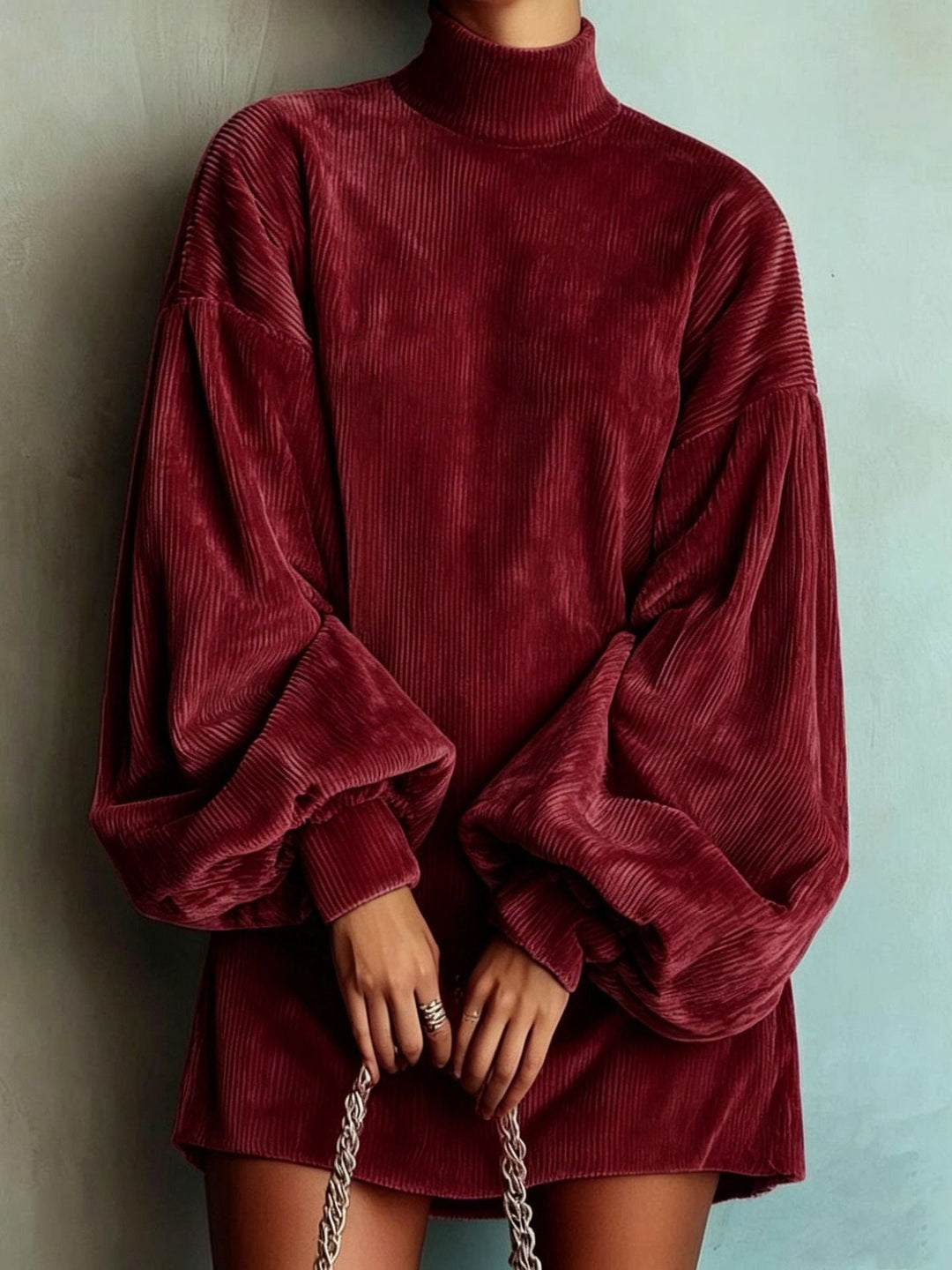 Women's Mini Dress with High Neck and Lantern Sleeves