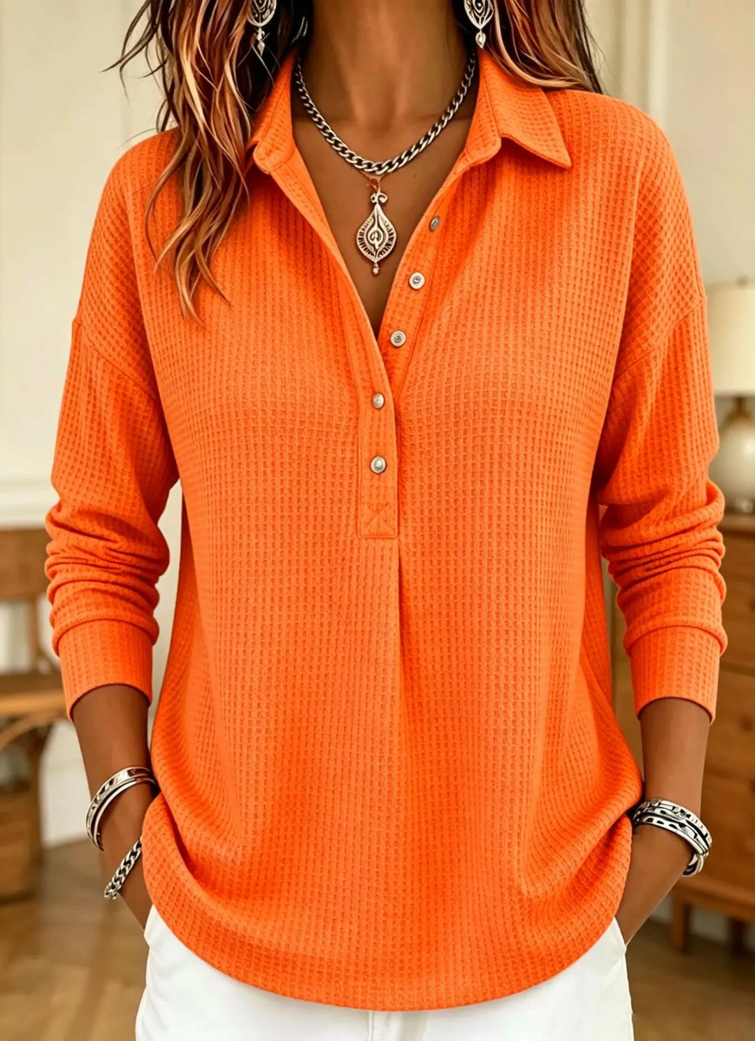 Waffle-Knit Polo Sweater for Women