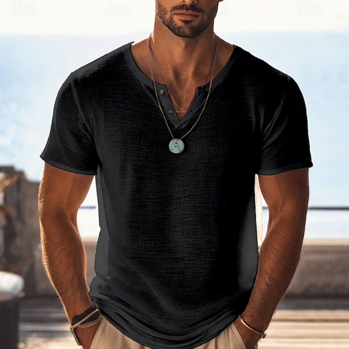 Tekstureret Henley T-shirt med V-hals til Herrer