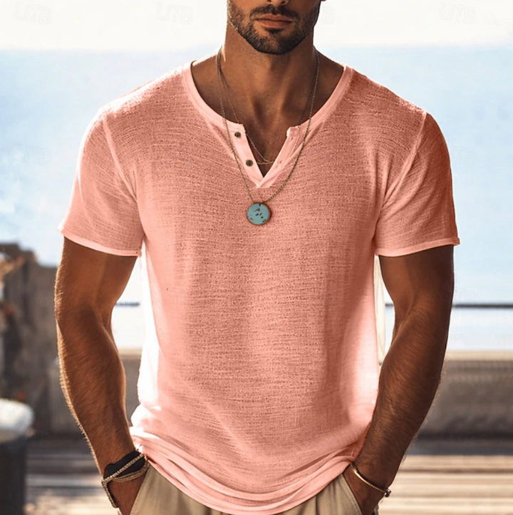 Tekstureret Henley T-shirt med V-hals til Herrer