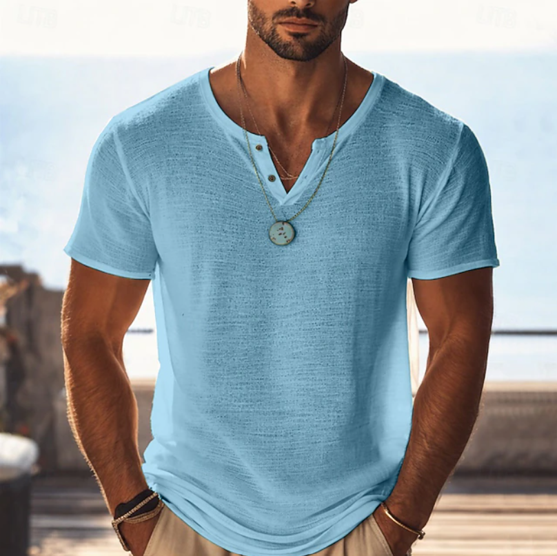 Tekstureret Henley T-shirt med V-hals til Herrer