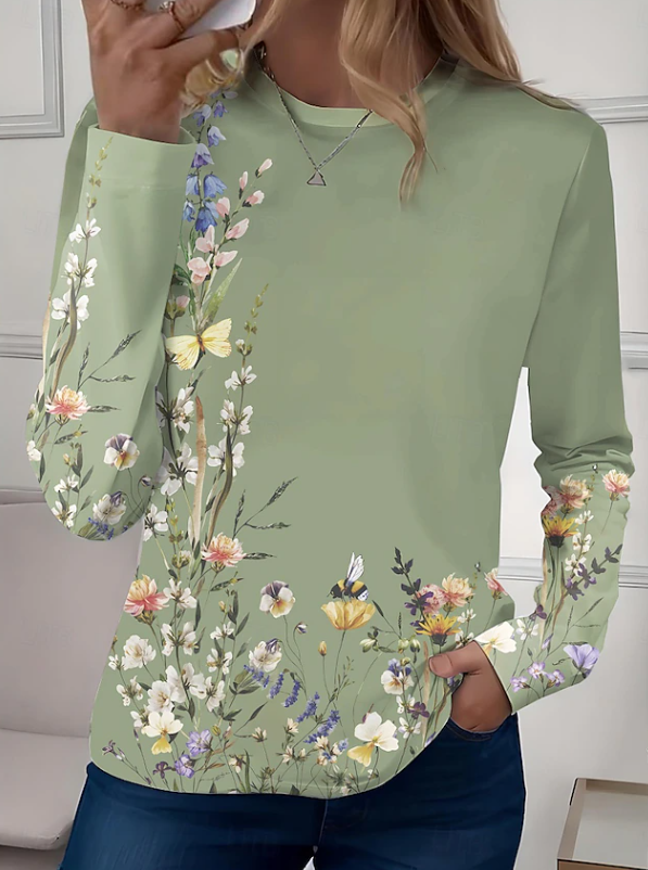 Floral long-sleeved crew-neck shirt for women