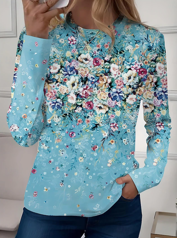 Floral long-sleeved crew-neck shirt for women