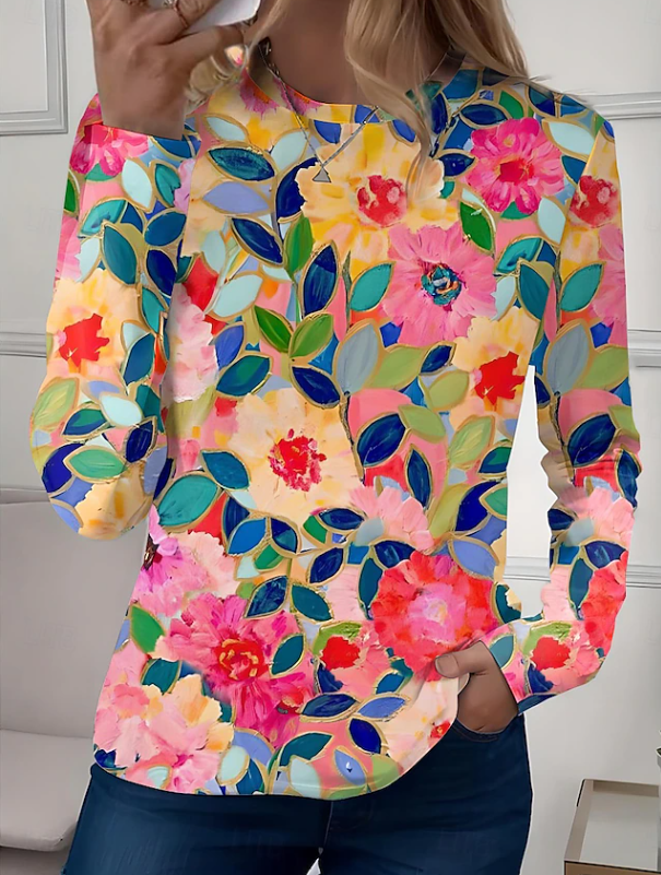 Floral long-sleeved crew-neck shirt for women