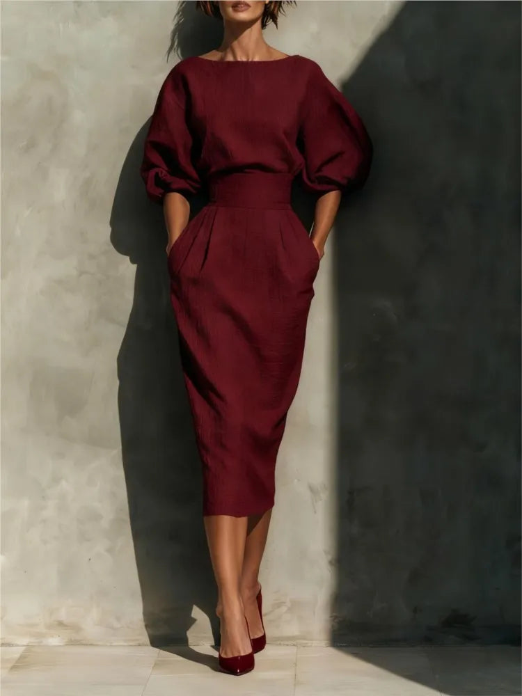 Pleated midi dress for women with wrap design and side pockets