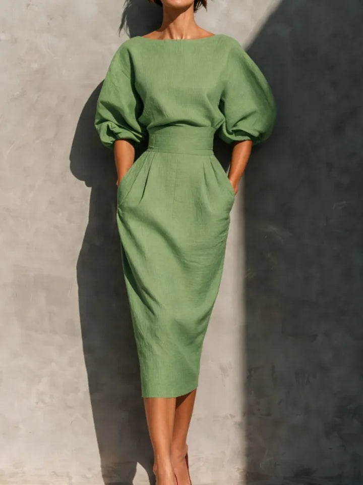Pleated midi dress for women with wrap design and side pockets