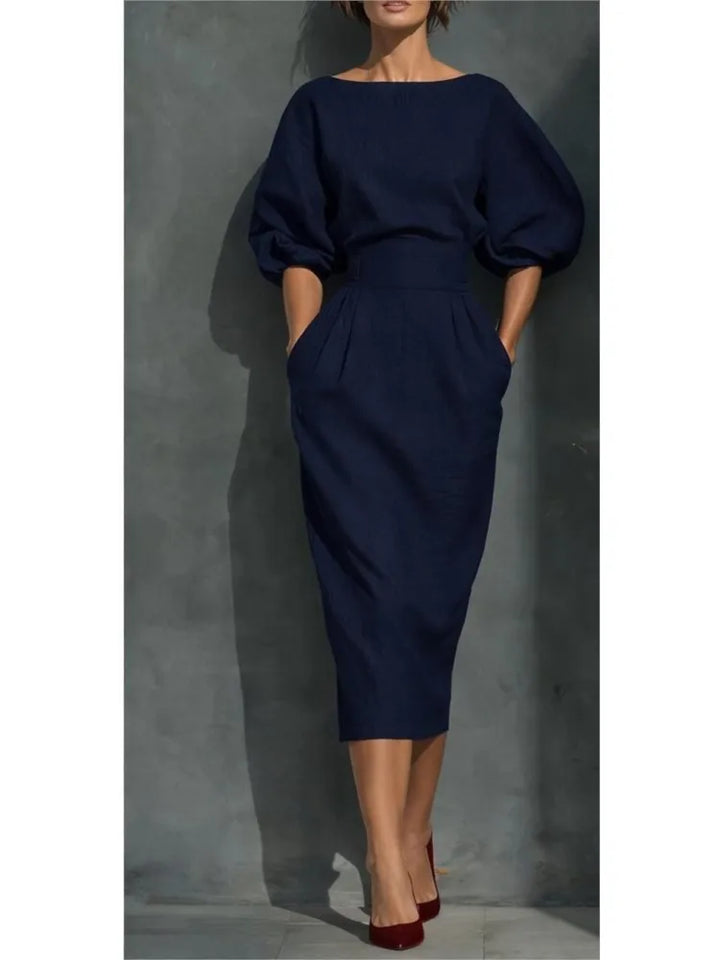 Pleated midi dress for women with wrap design and side pockets