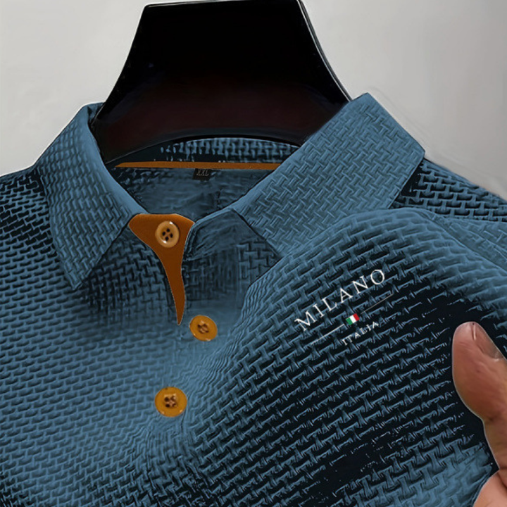 Herre-poloshirt i struktureret vævet stof med knaplukning