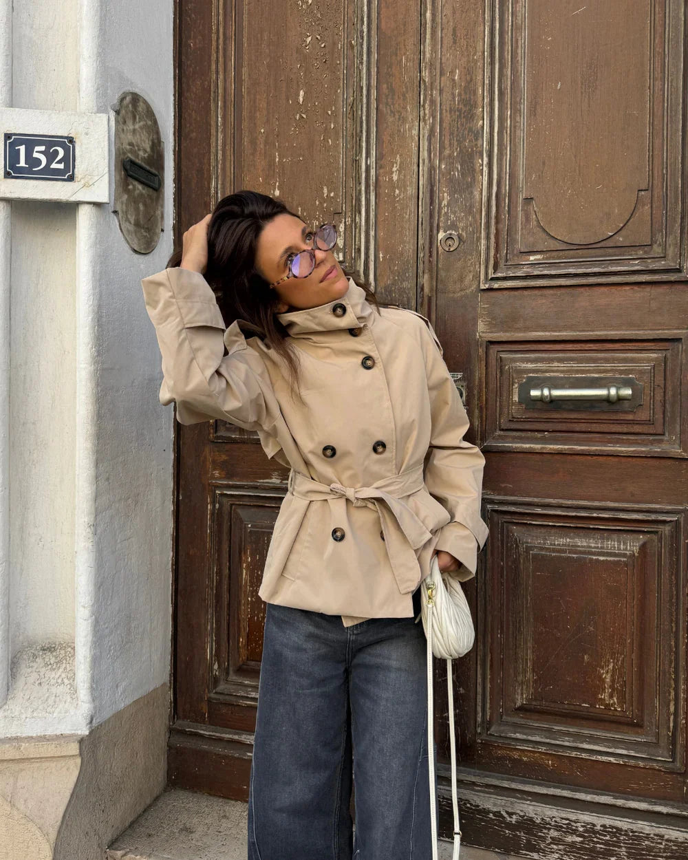 Short Trench Coat with Belt and High Collar for Women