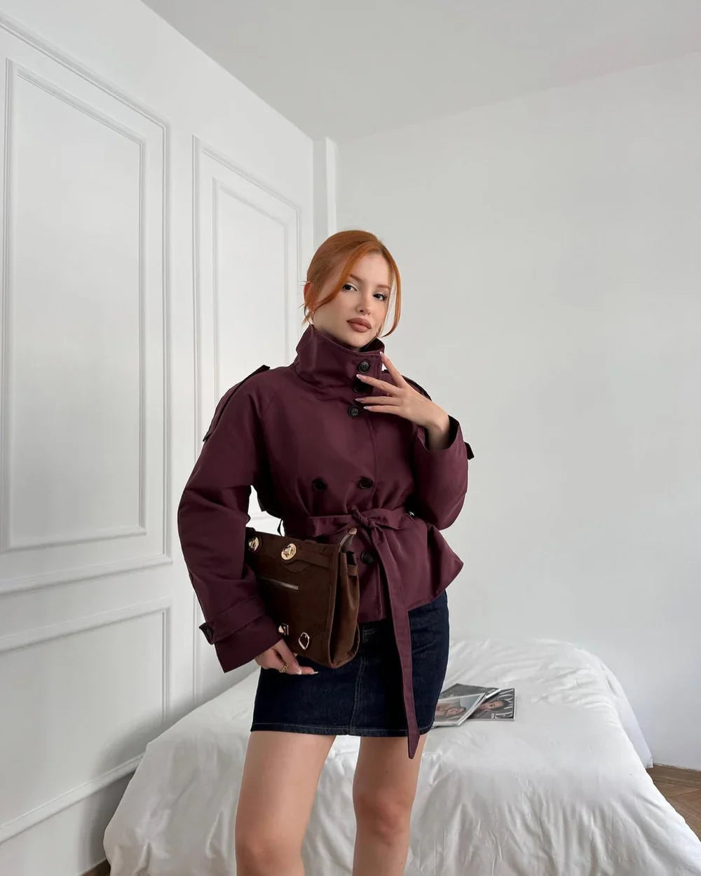 Short Trench Coat with Belt and High Collar for Women