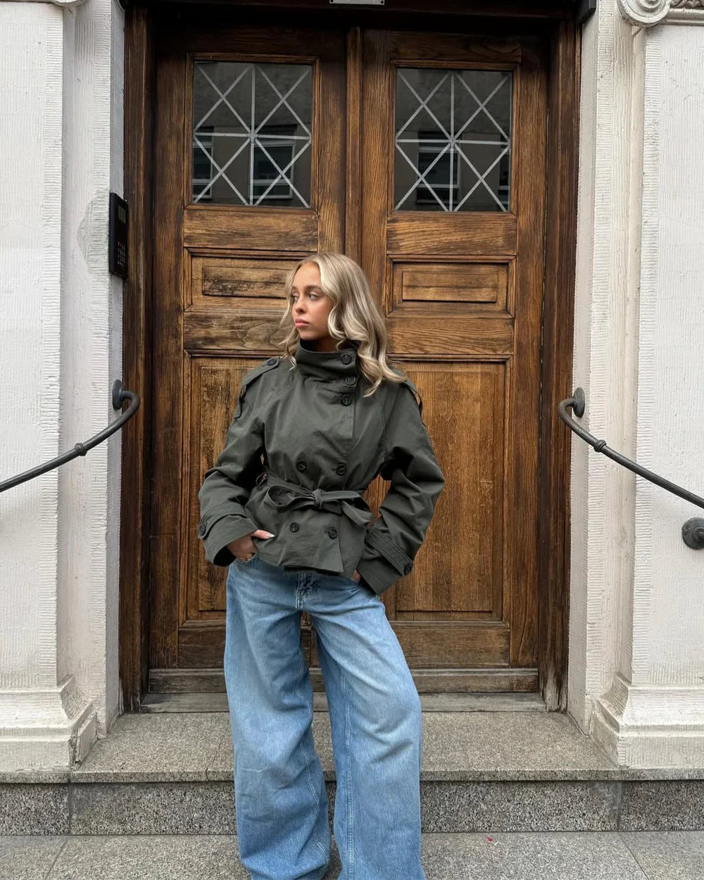 Short Trench Coat with Belt and High Collar for Women