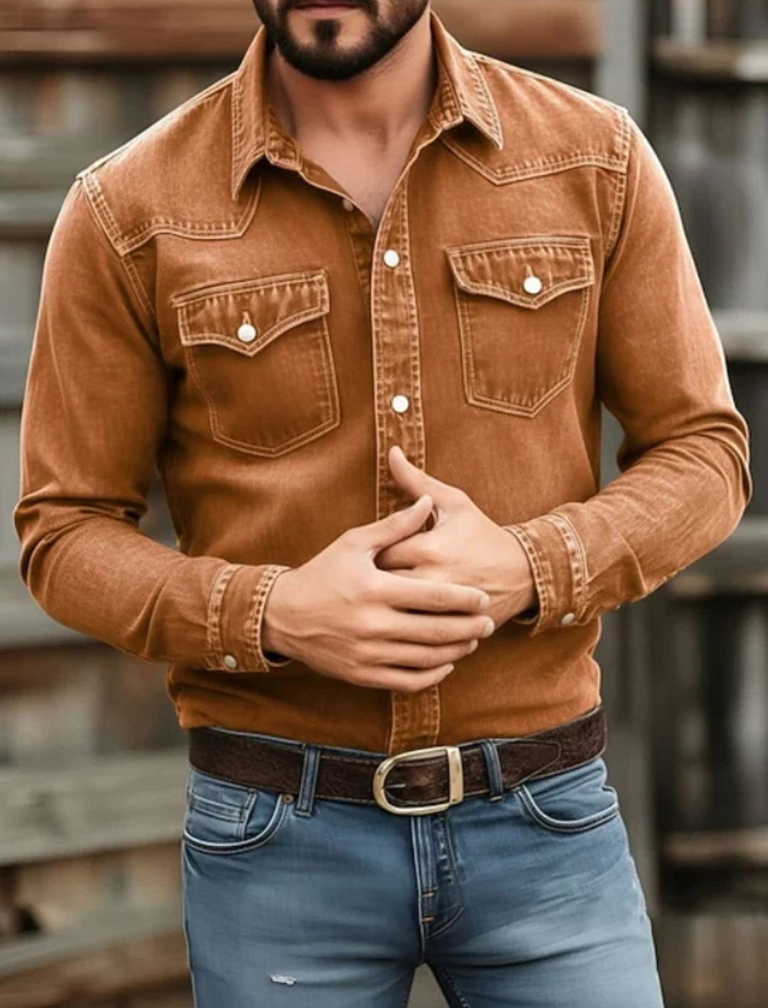 Langærmet denimskjorte til mænd