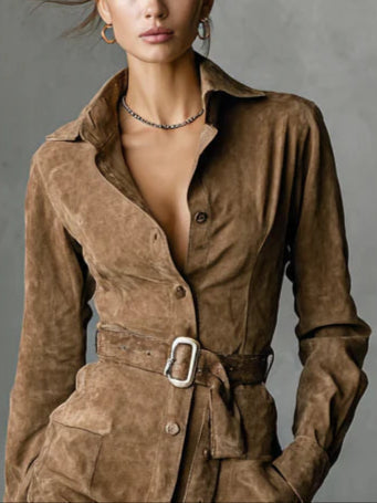 Midi dress with lapels and long sleeves for women
