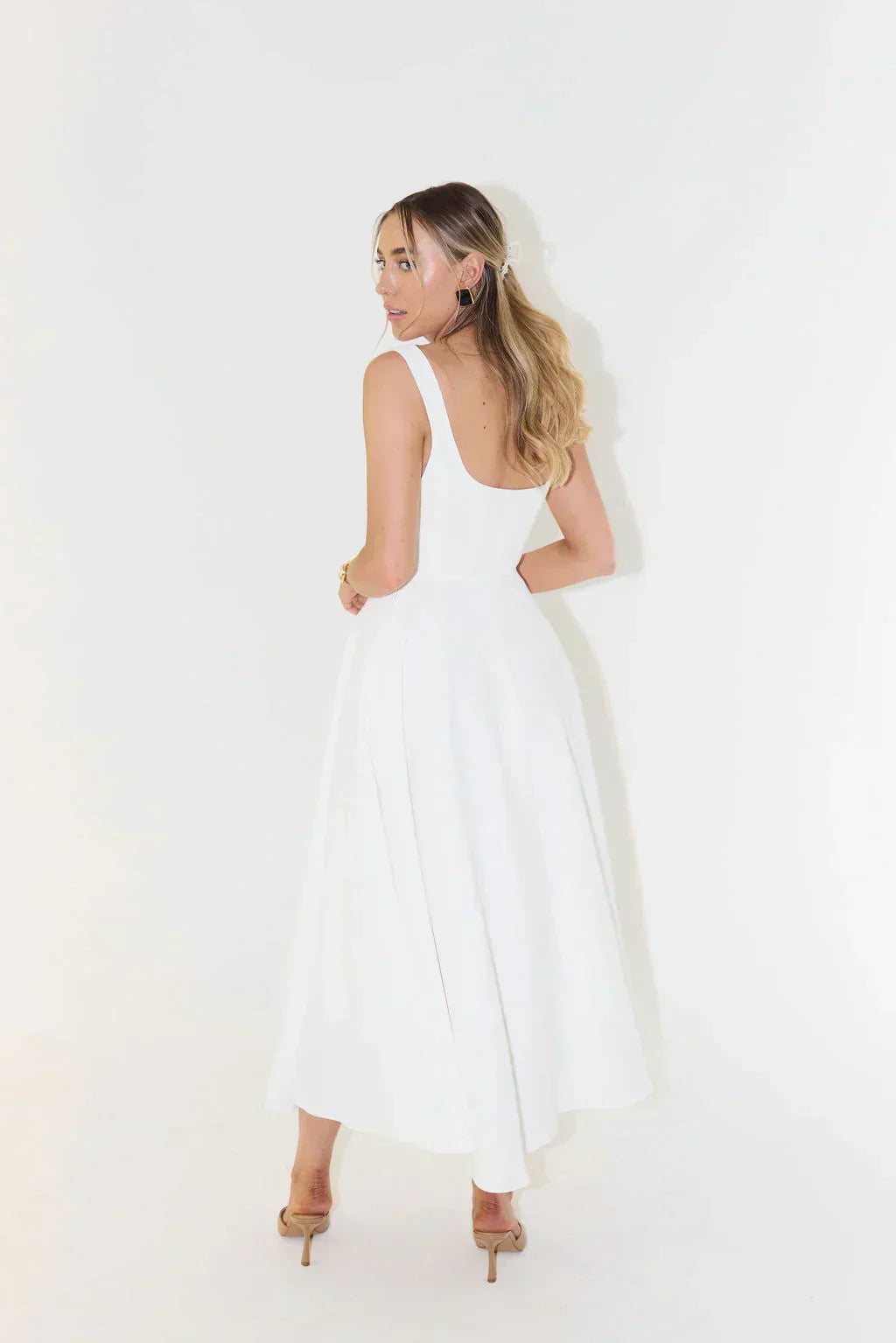 Women's A-line midi dress with a square neckline