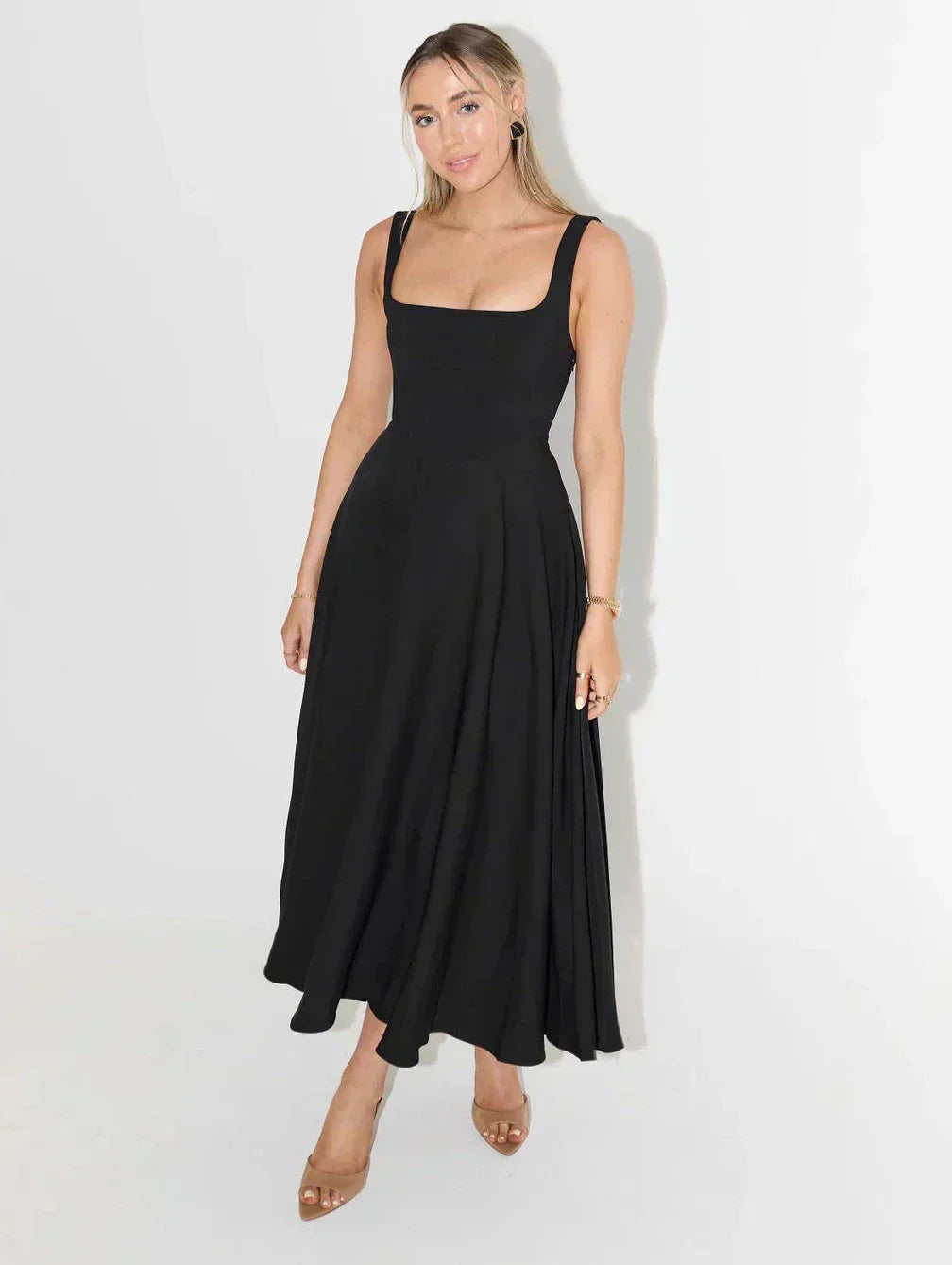 Women's A-line midi dress with a square neckline