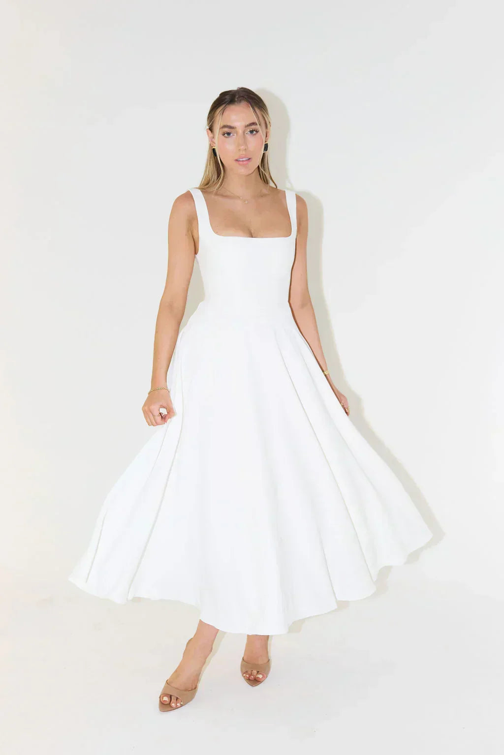 Women's A-line midi dress with a square neckline