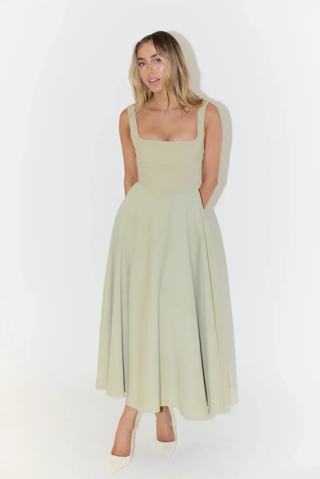 Women's A-line midi dress with a square neckline