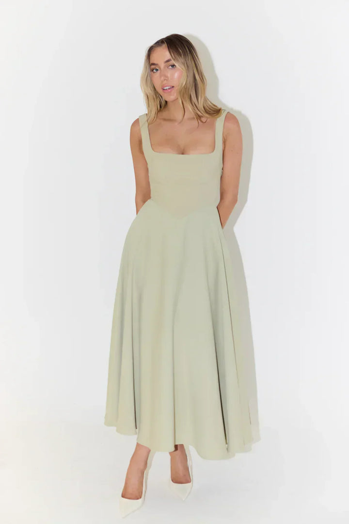 Women's A-line midi dress with a square neckline