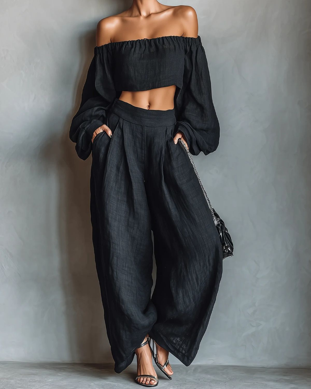 Women's Long-Sleeve Off-Shoulder Top and Wide-Leg Pants Set