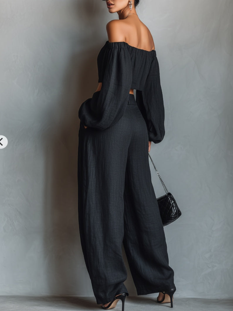 Women's Long-Sleeve Off-Shoulder Top and Wide-Leg Pants Set