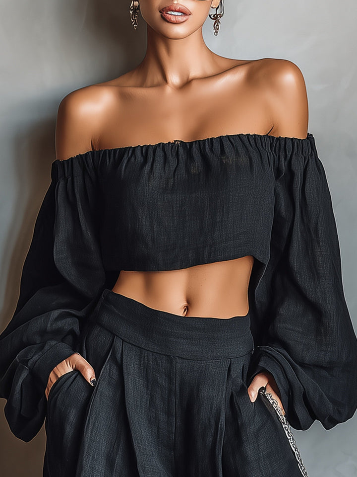 Women's Long-Sleeve Off-Shoulder Top and Wide-Leg Pants Set