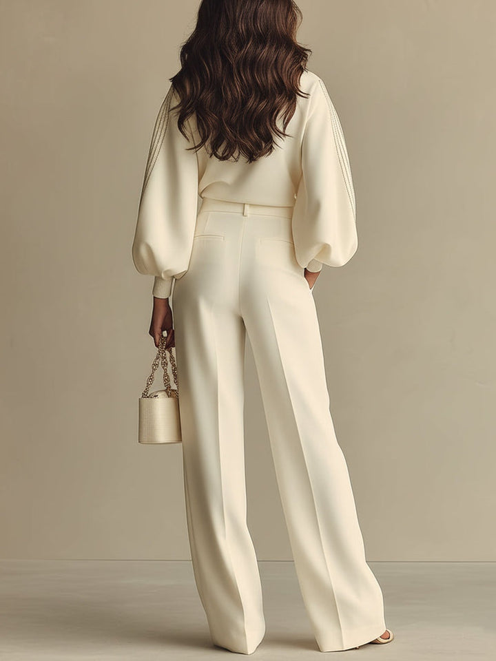 Ribbed Set with Crew Neck Top and High-Waisted Wide-Leg Pants for Women