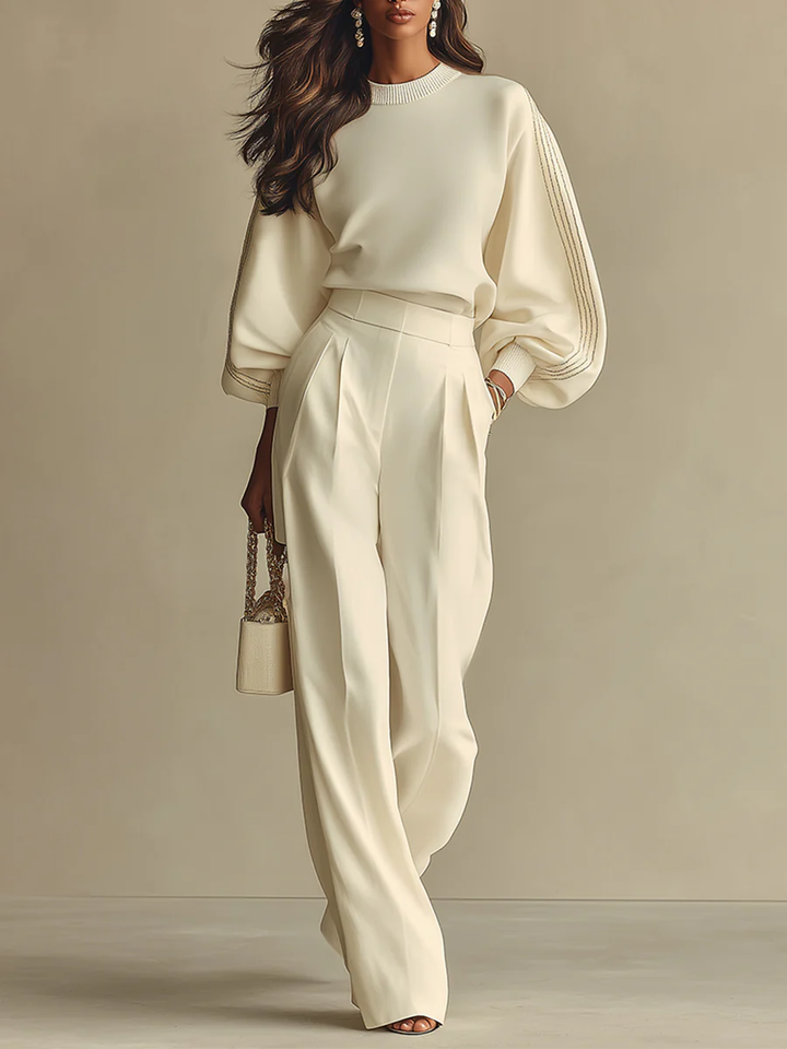 Ribbed Set with Crew Neck Top and High-Waisted Wide-Leg Pants for Women