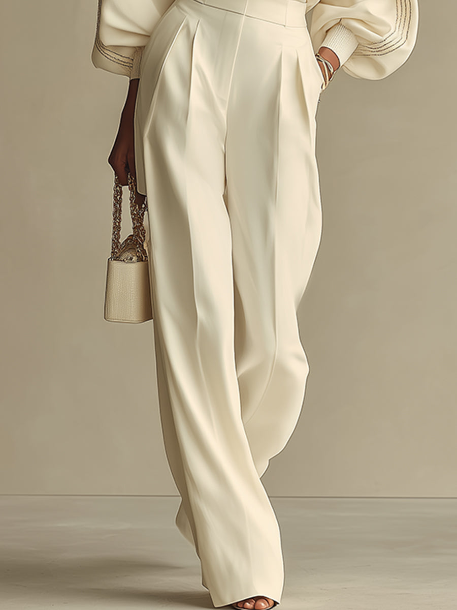 Ribbed Set with Crew Neck Top and High-Waisted Wide-Leg Pants for Women