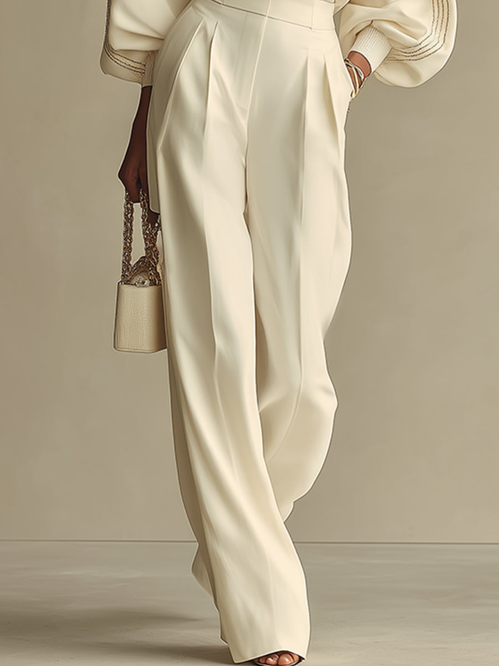 Ribbed Set with Crew Neck Top and High-Waisted Wide-Leg Pants for Women