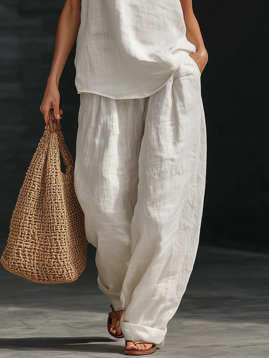 Sleeveless Set with V-Neck Top and Wide-Leg Pants for Women