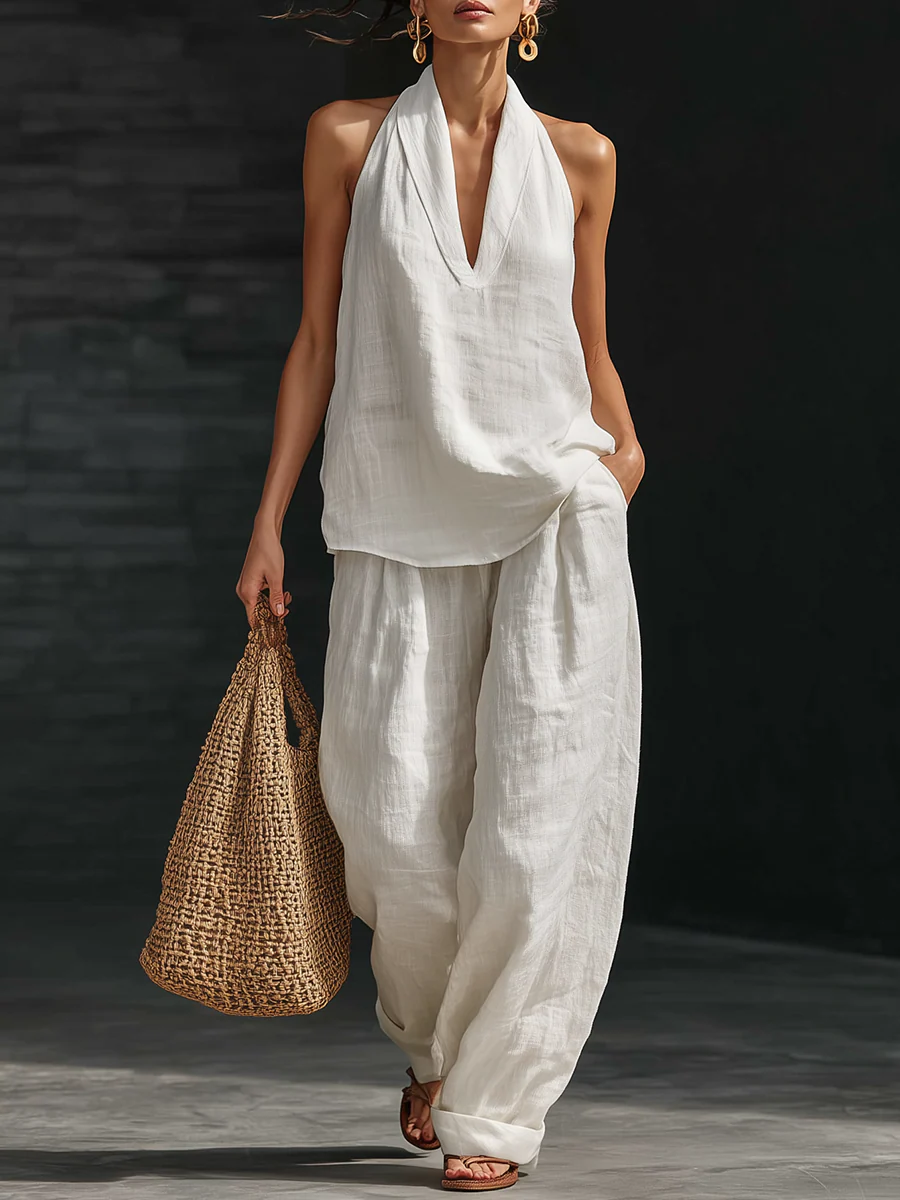 Sleeveless Set with V-Neck Top and Wide-Leg Pants for Women