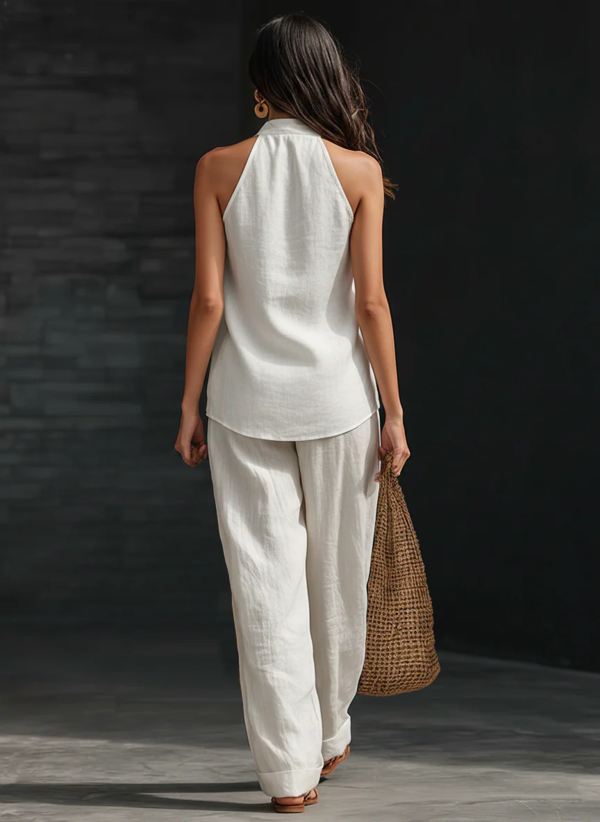 Sleeveless Set with V-Neck Top and Wide-Leg Pants for Women