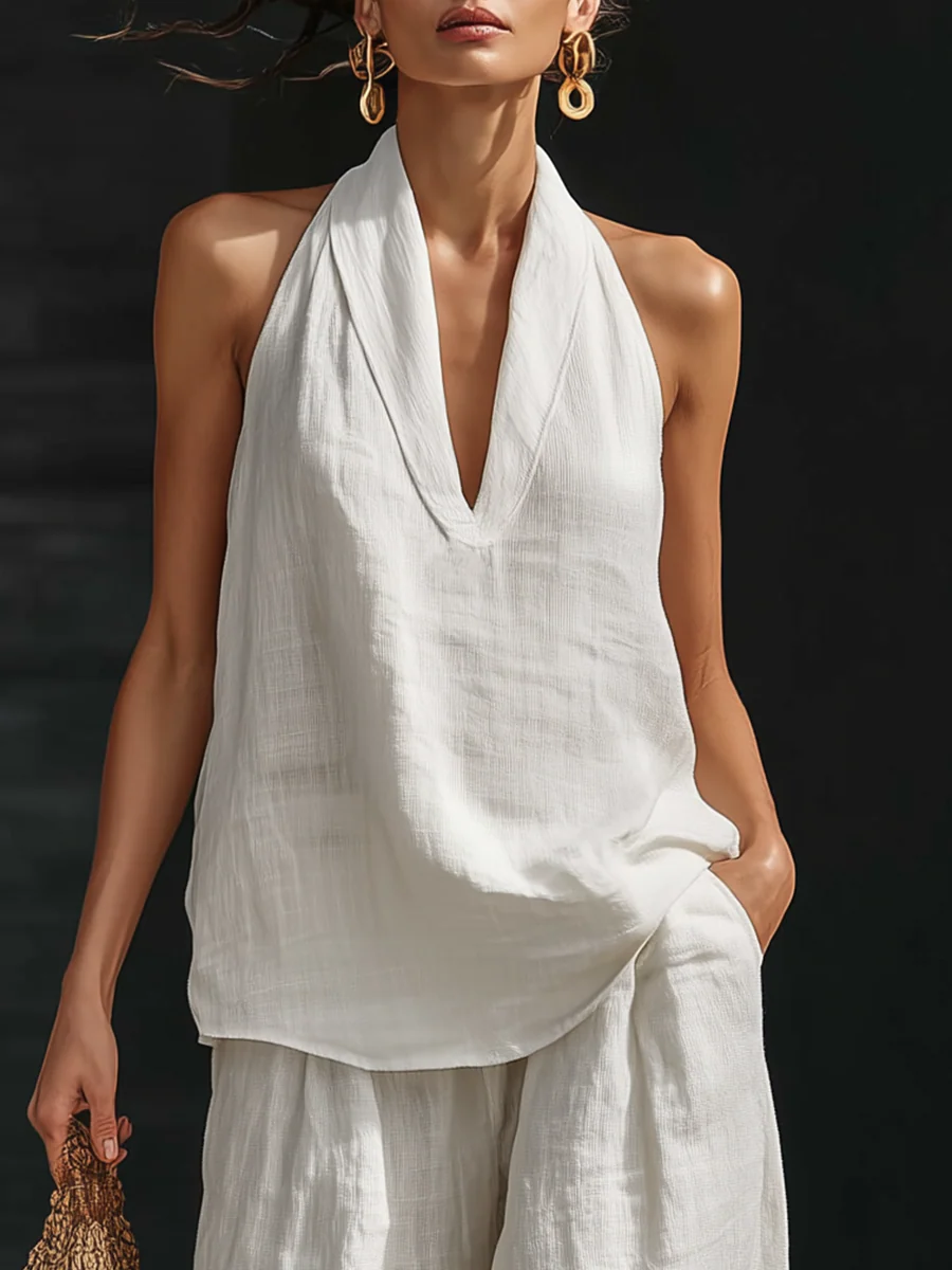 Sleeveless Set with V-Neck Top and Wide-Leg Pants for Women