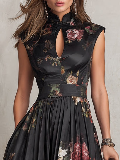 Elegant sort blomstret midikjole til kvinder