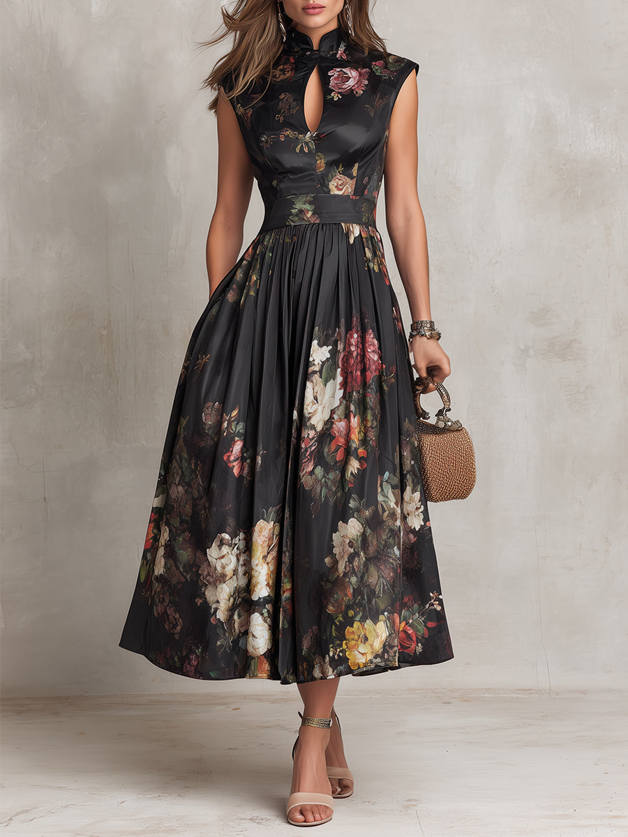 Elegant sort blomstret midikjole til kvinder