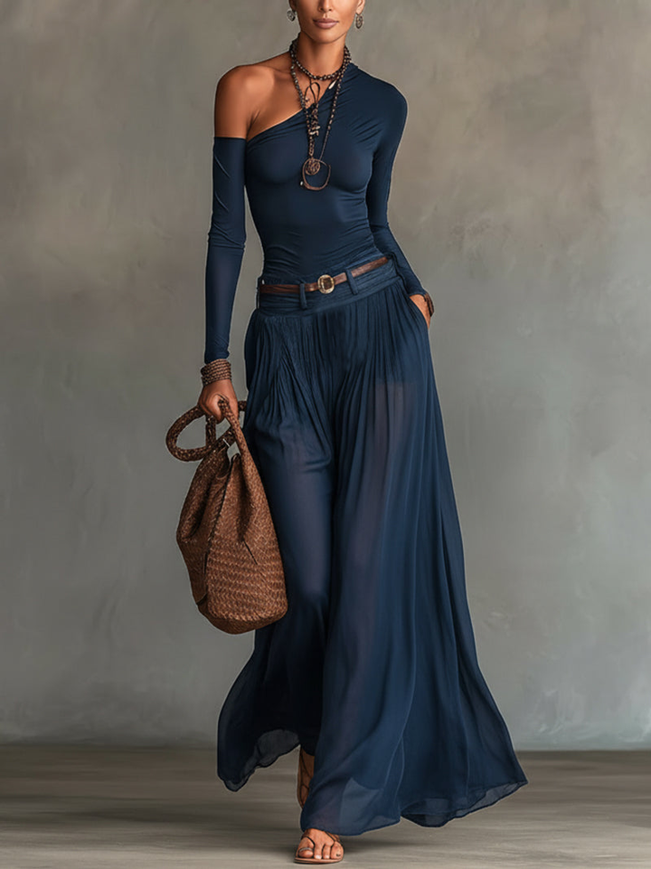 Two-Piece Set with One-Shoulder Top, Tulle Skirt, and Belt for Women