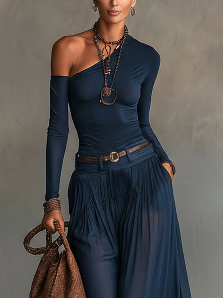 Two-Piece Set with One-Shoulder Top, Tulle Skirt, and Belt for Women