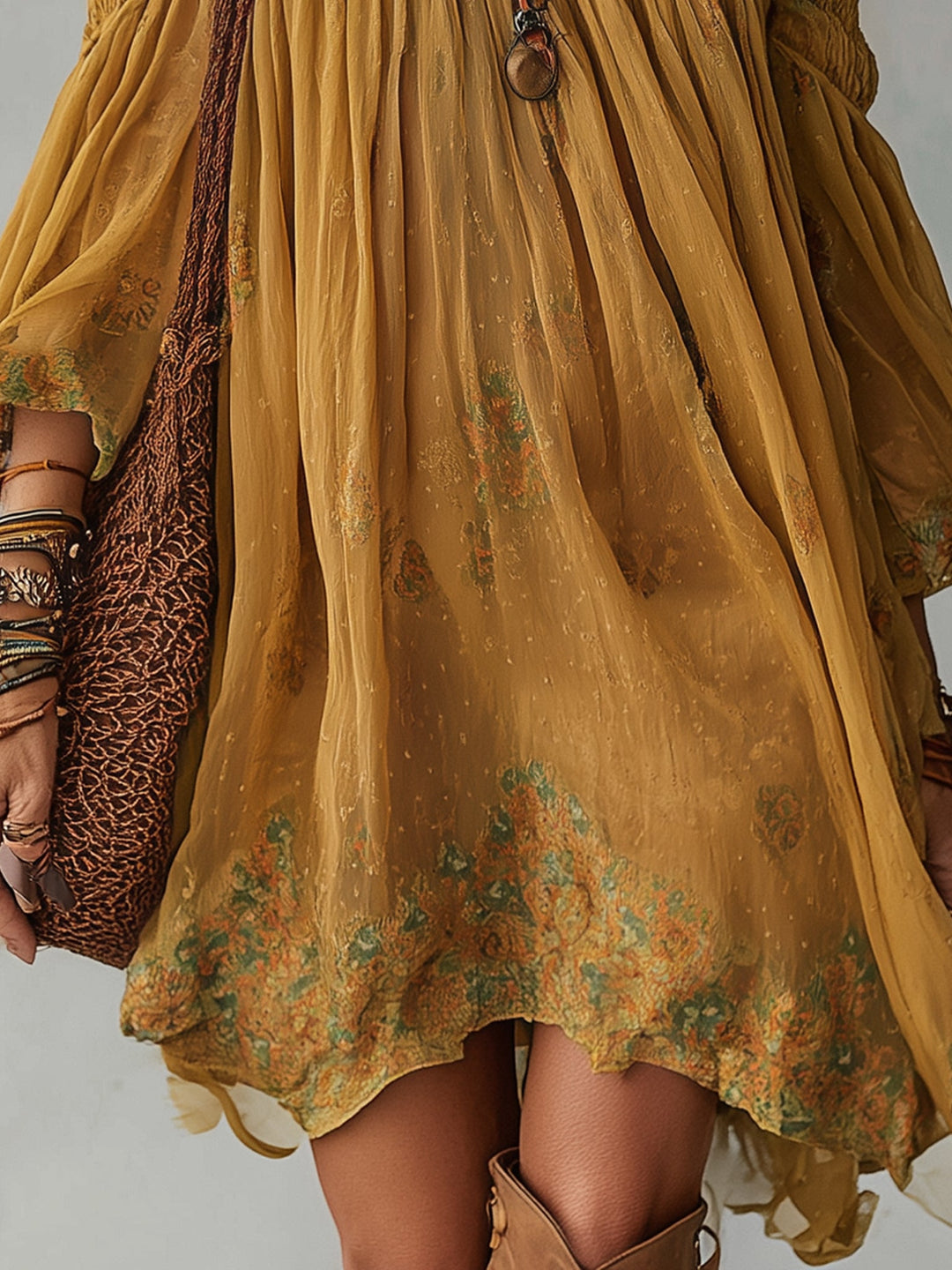 Chiffon Mini Dress with Floral Pattern and Bare Shoulders for Women
