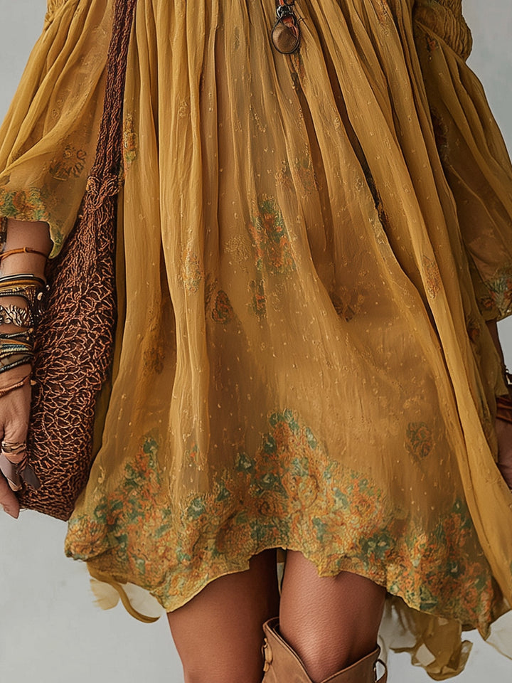 Chiffon Mini Dress with Floral Pattern and Bare Shoulders for Women