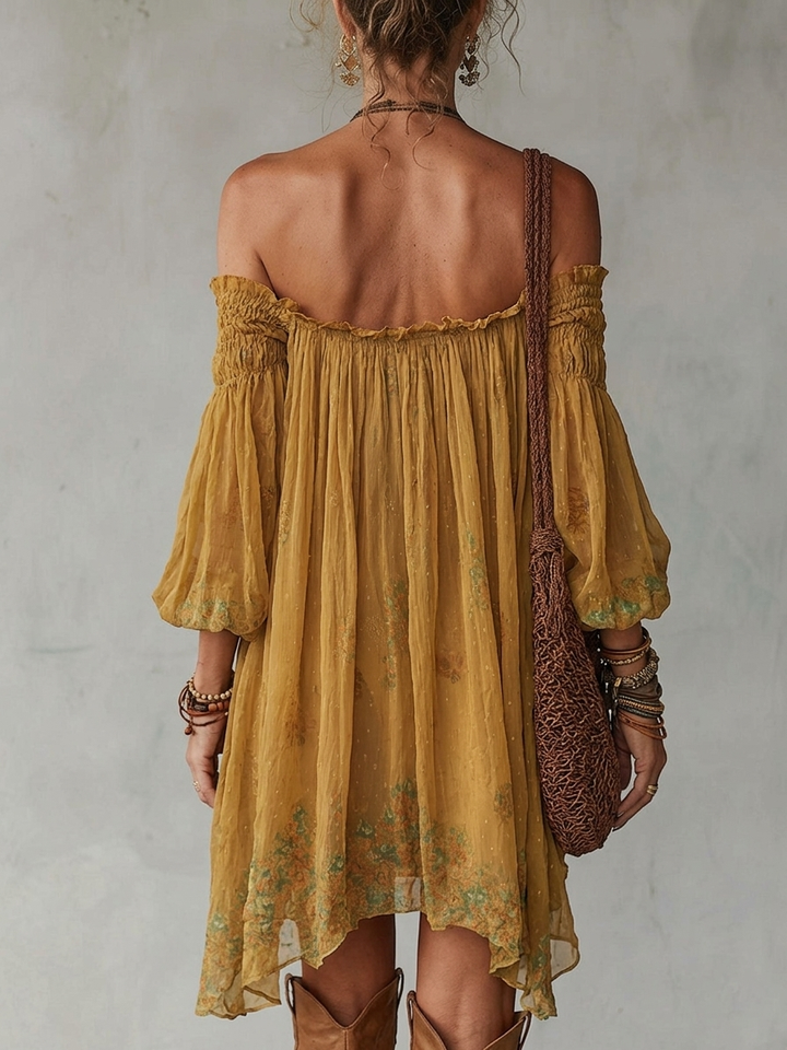 Chiffon Mini Dress with Floral Pattern and Bare Shoulders for Women