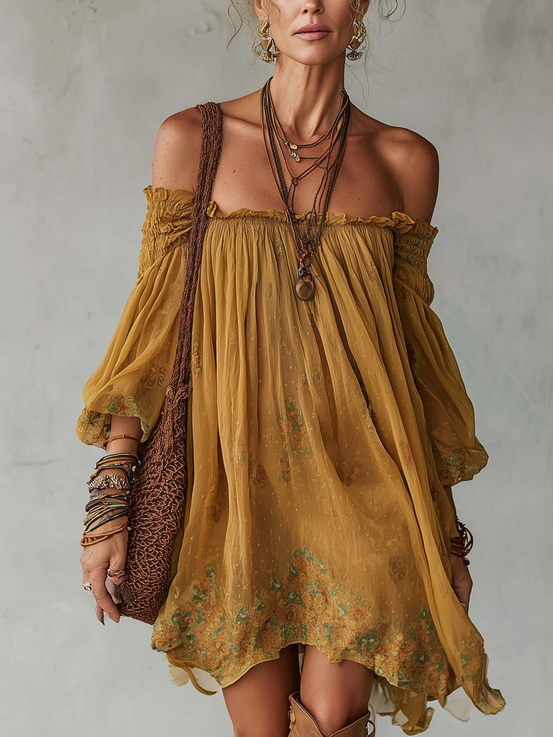 Chiffon Mini Dress with Floral Pattern and Bare Shoulders for Women