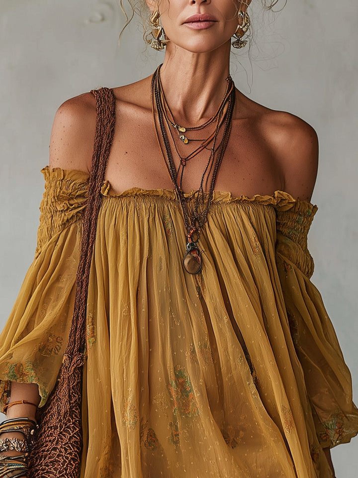 Chiffon Mini Dress with Floral Pattern and Bare Shoulders for Women