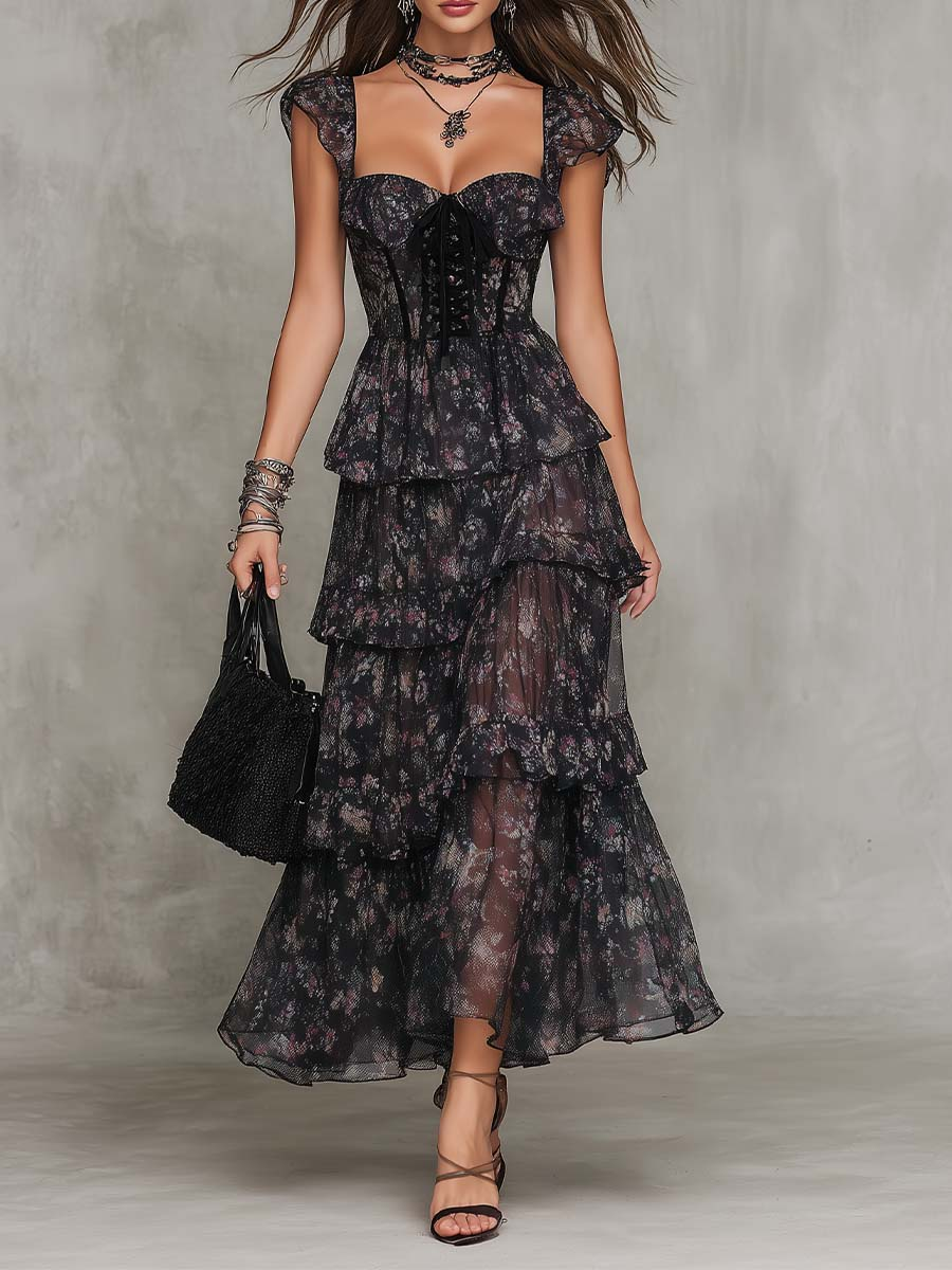 Chiffon maxi dress with floral print, corset bodice, and tiered skirt for women