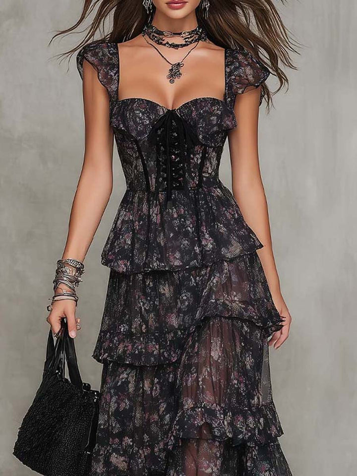 Chiffon maxi dress with floral print, corset bodice, and tiered skirt for women