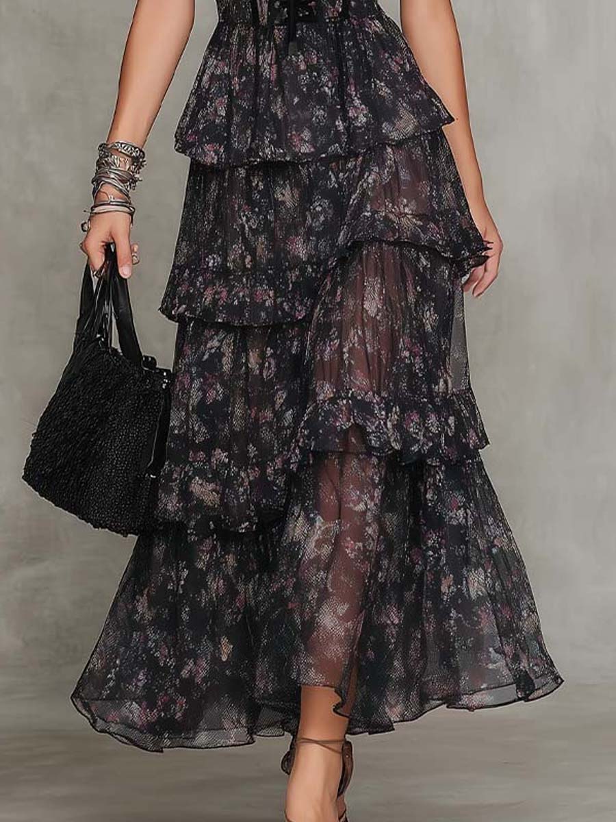 Chiffon maxi dress with floral print, corset bodice, and tiered skirt for women