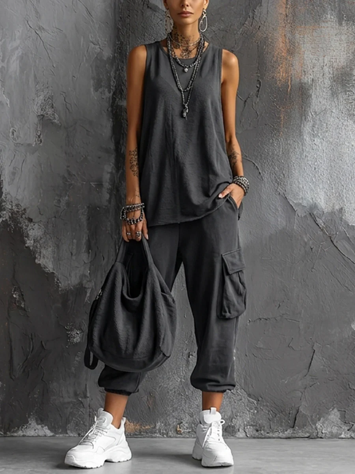 Casual Set with Vest and Cargo Joggers for Women